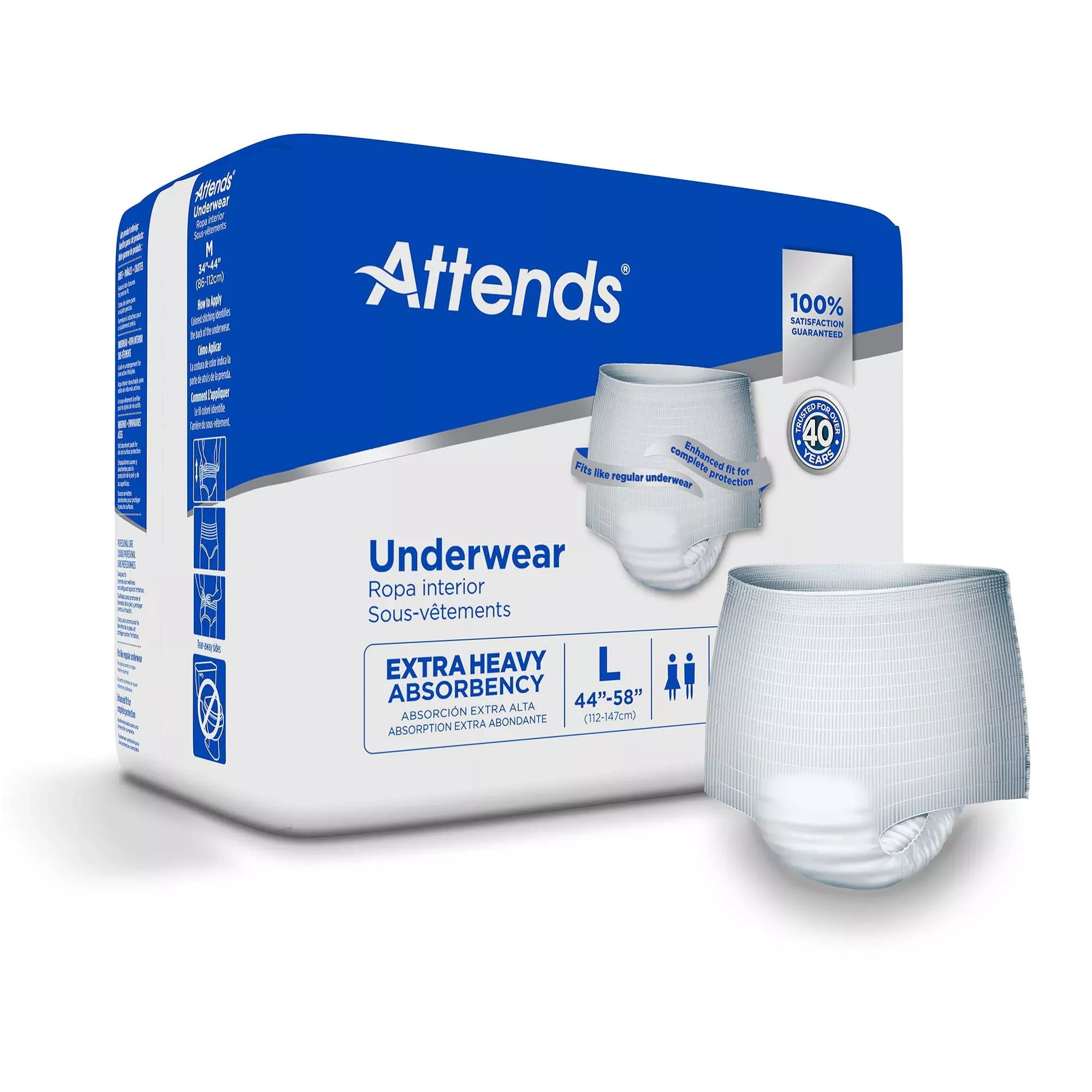Attends Care Ropa Interior Absorbente Desechable Unisex para Adultos Talla Grande con Costuras Desprendibles - Caja de 72 Unidades