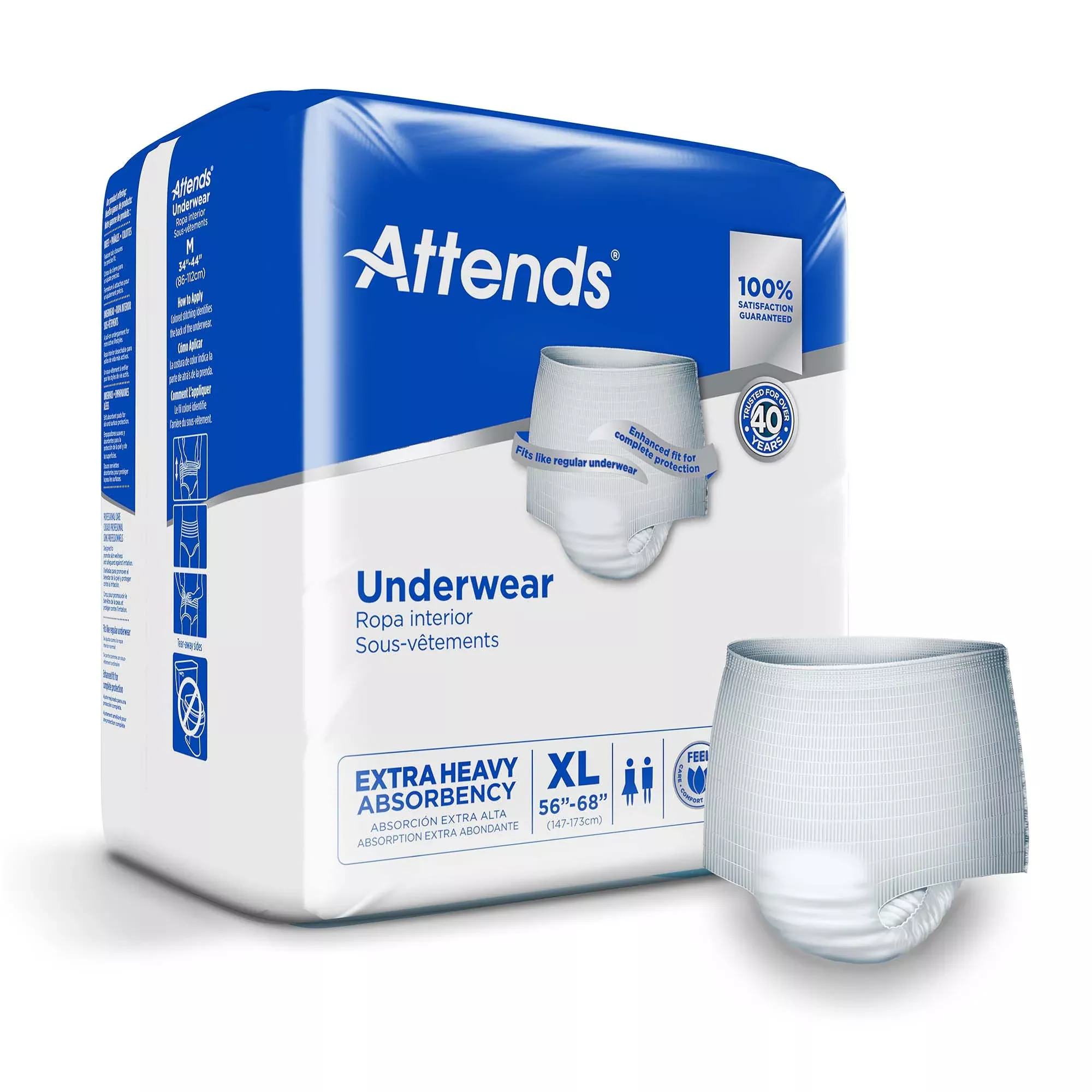 Ropa interior absorbente Attends Care con costuras desprendibles, talla extragrande para adultos, unisex, desechable Caja de 56 unidades
