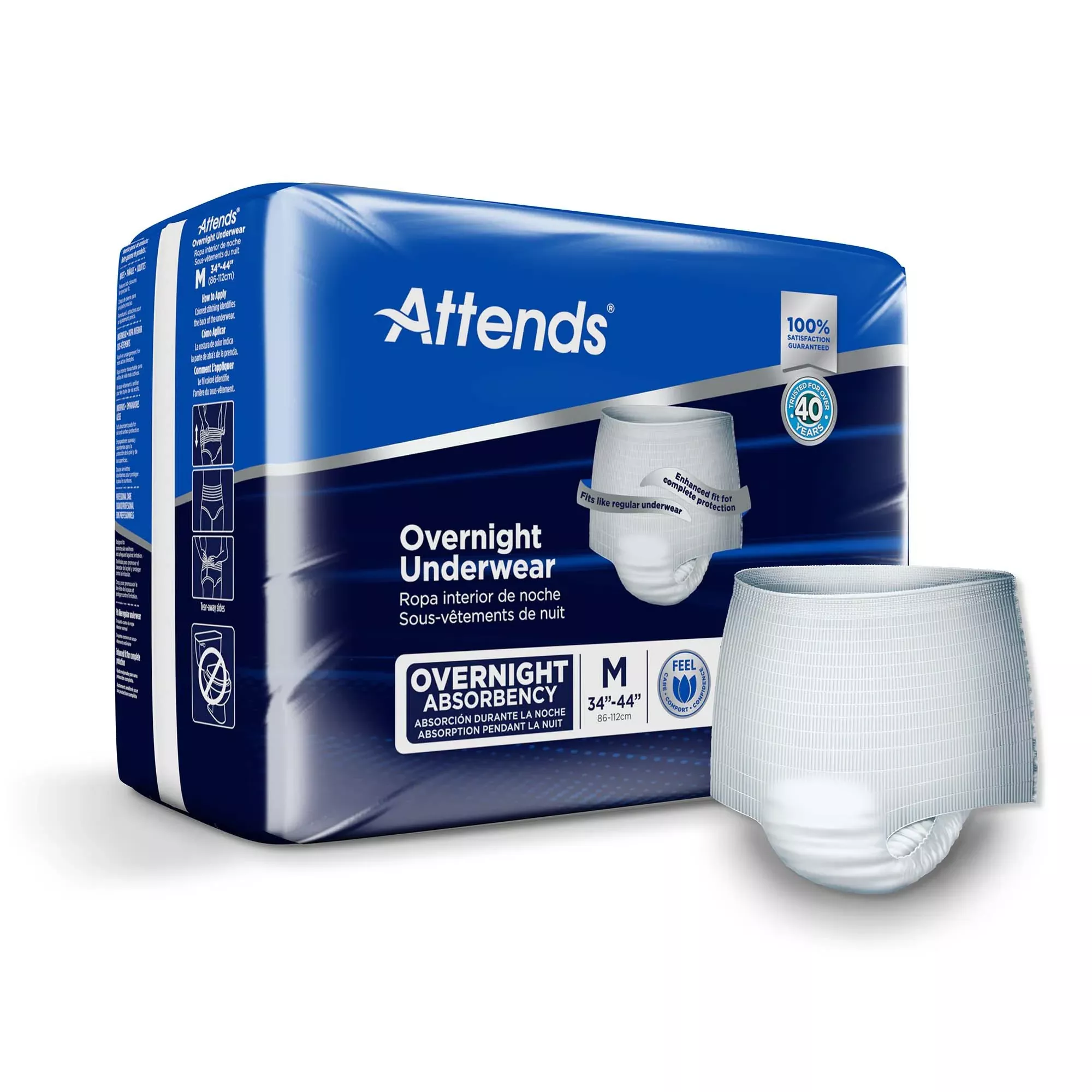Ropa interior absorbente Attends Overnight, desechable, con costuras desgarrables, para adultos, talla mediana, unisex Caja de 64 unidades