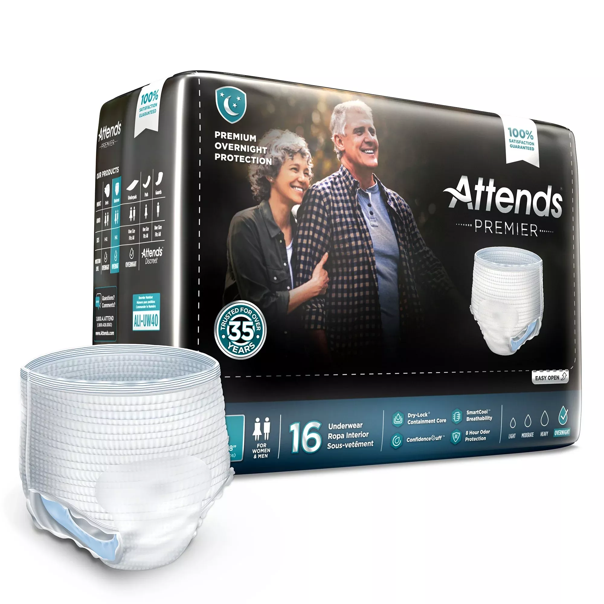 Ropa Interior Absorbente Desechable Attends Premier con Costuras Laterales Desgarrables para Adultos Grandes Unisex - Caja de 64 Unidades